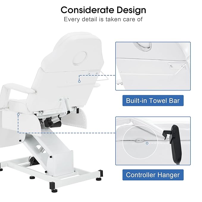 BarberPub Fully Electric Facial Bed with 3 Motor for Esthetician, Electric Tattoo Chair for Client, Facial Bed for Esthetician, Electric Adjustment 2751 (White, Height (Flat): 24"–33")