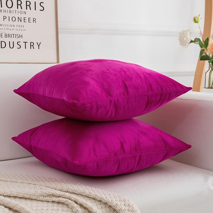 Velvet Decorative Throw Pillow Covers, Soft Square Cushion Case Home Decor for Living Room Couch Bed Sofa, Set of 2 Pack, Hot Pink, 20x20 Inch