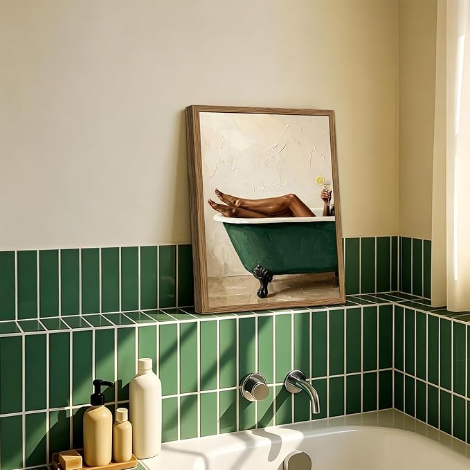 Black Woman Green Bathtub Wall Art Modern Luxury Bathroom Wall Decor Painting, Vintage Afrocentric Girl Bathroom Poster Canvas Print Picture 12x16 inch Wood Framed