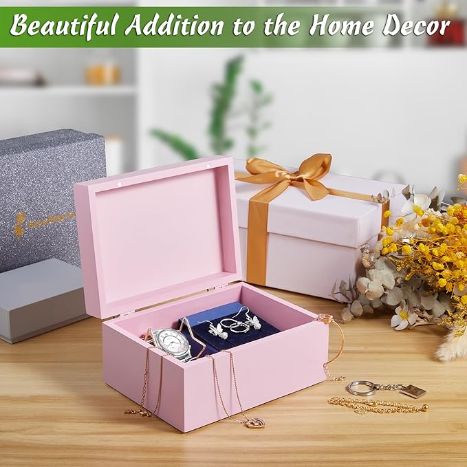 DRASTAR Wooden Box, Small Keepsake Box, Memory Box for Keepsakes, Cute Jewelry Box, Wedding Memory Box with Lids, Pink Decorative Box