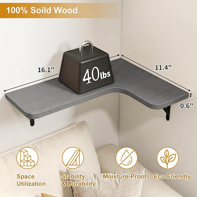 Fixwal Corner Floating Shelves Set of 5, Rustic Wood Wall Mounted Corner Shelf for Bathroom, Kitchen, Bedroom, Home Decor, Laundry Room, Living Room(Gray) | Solid wood shelf with metal brackets, holds 40 lbs. Optimizes corner storage. Fits bathroom, ki...