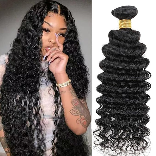 Human Hair Bundles Brazilian Deep Wave One Bundle 28inch 100% Unprocessed Virgin Human Hair Deep Wave Curly Water Wave Wet and Wavy Weave Raw Bundles Deals Natural Black