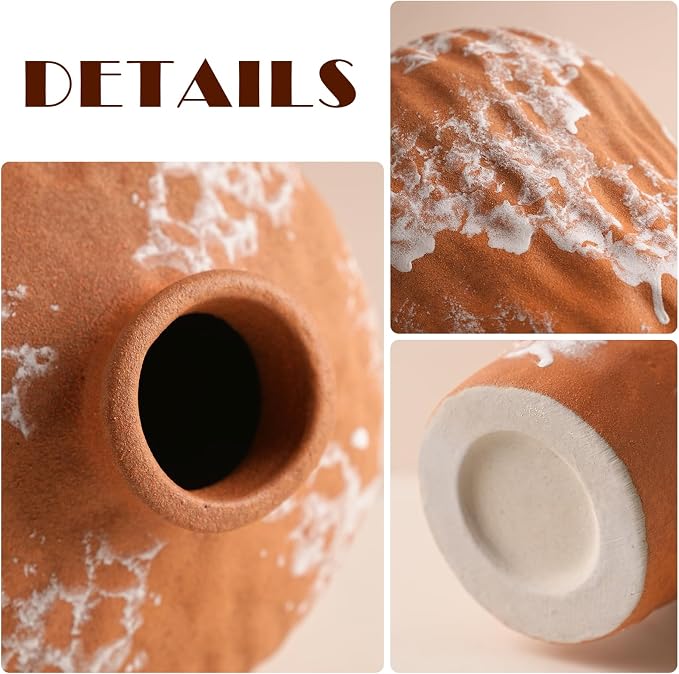 Rustic Farmhouse Terracotta Vase 11.8 inch, Handcrafted Unglazed Rough Clay Decorations with Distinct Natural Texture, Vintage Vase for Living Room Kitchen Bedroom Shelf Dining Mantel Decorations