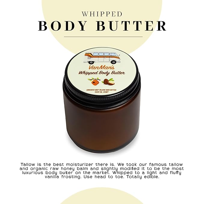 Vanman's - Whipped Tallow - Body Butter with No Essential Oils - Body Moisturizer with Grass-Fed/Finished Beef Tallow for Skin - Organic Shea Butter, Cold Pressed Olive Oil and Raw Honey - 2.9 oz