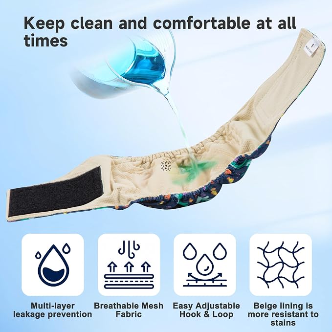 Langsprit Small Male Dog Diapers for Doggie Puppy,Reusable Belly Bands for Male Dogs Wraps,Washable Doggy Dog Diapers Medium Large in Incontinence 4 Pack (Shark, Tortois, Rabbit, Whale, Medium)
