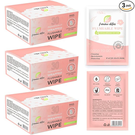Flushable Feminine Wipes pH-Balanced & Unscented for Sensitive Skin | Individually Wrapped, Septic-Safe, Aloe-Infused | Travel & Home Use (90 Count)