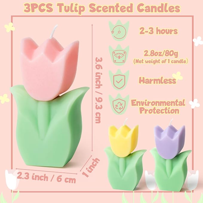 COcnny 3pcs Tulip Candle Decor, Tulip Shaped Scented Candles Decorations, Flower Aesthetic Paraffin Soy Wax Aromatherapy Candle Gift for Home Bedroom Birthday Wedding Spring Easter Party