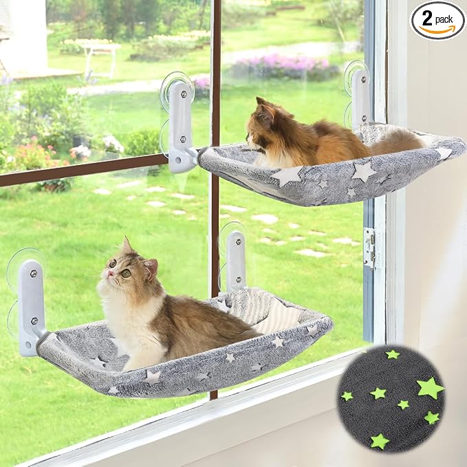 Zoratoo 2PC Glowing Star Cat Window Perch, Foldable Cordless Pet Hammock, M | Glow in the Dark Fabric, Sturdy Metal Frame, Removable for Machine Wash,Comfortable Sunken Design Resting Seat for Indoor Cat