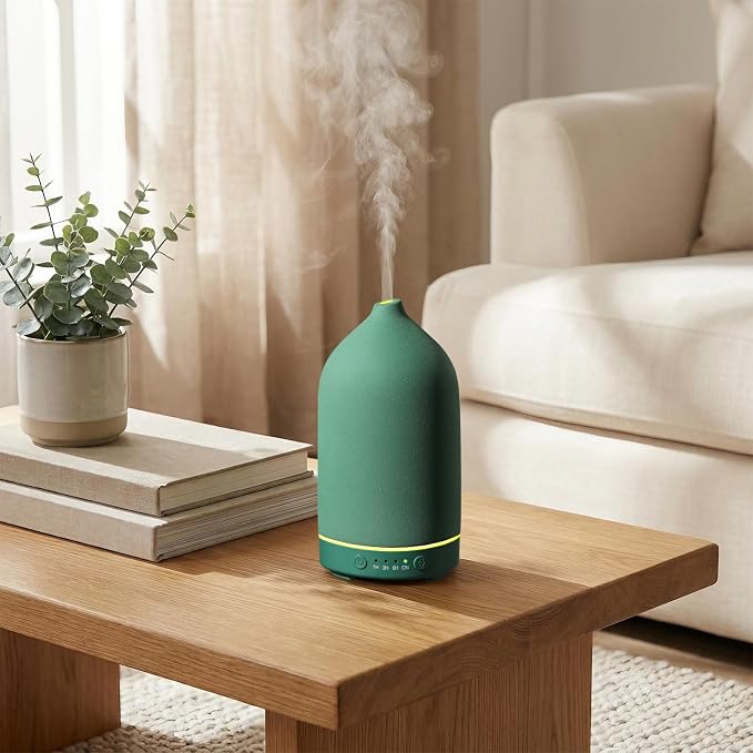 Gooamp 200ML Ceramic Essential Oil Diffuser - Ultrasonic Aromatherapy & Humidifier with 7-Color LED Lights, Auto Shut-Off, Green, 1H/3H/6H Timer | Scent for Home, Office, Yoga