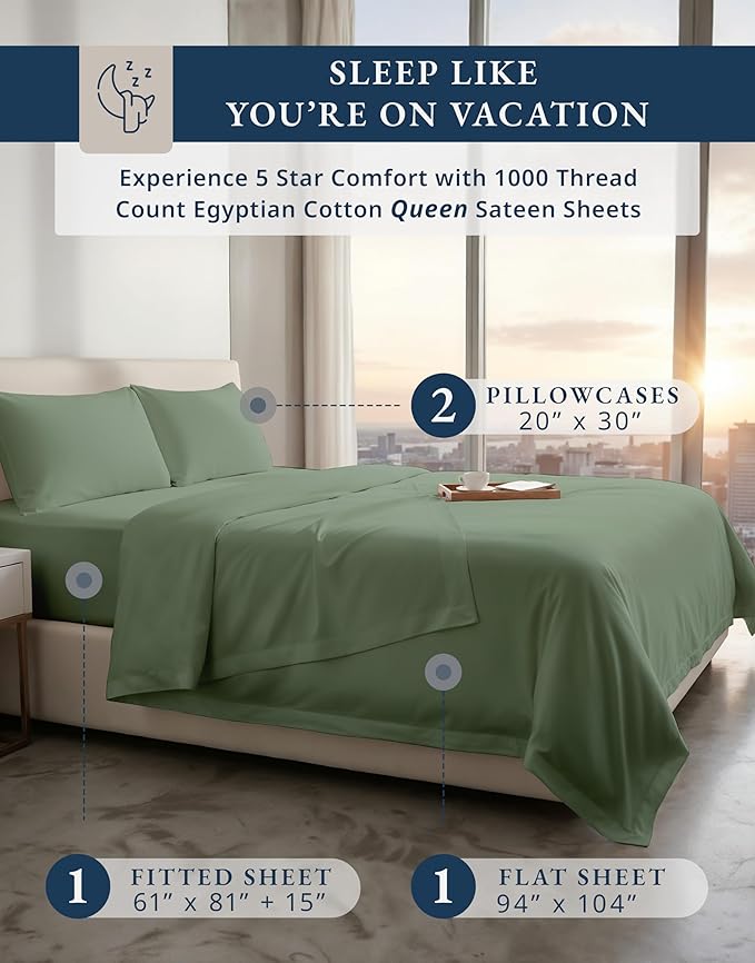 1000 Thread Count 100% Egyptian Cotton Sheets – 4 Piece Queen Sheet Set, Ultra-Soft Hotel Luxury Comfort with 15" Deep Pocket Queen Sheets, OEKO-TEX Certified, Breathable, No Pilling – Iceberg Green