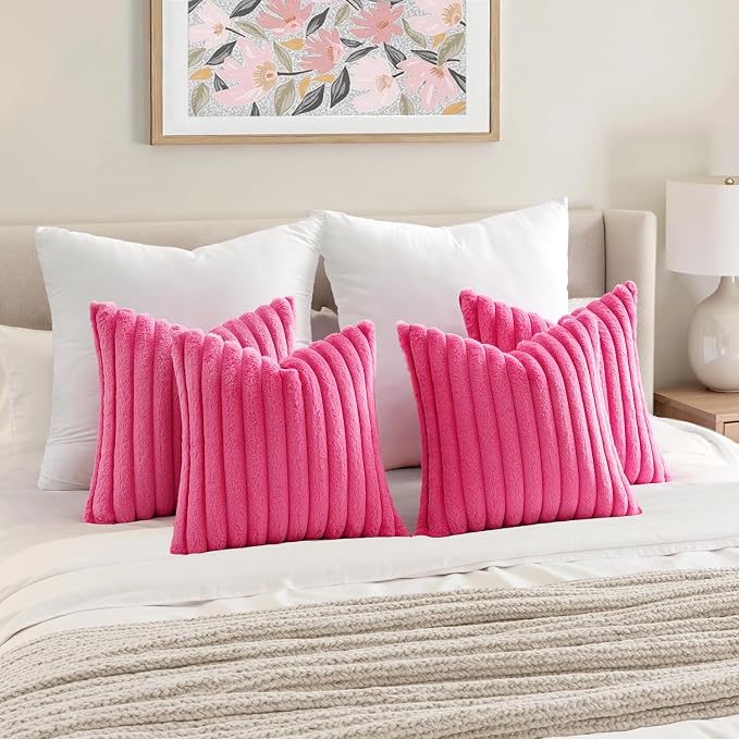 MIULEE Faux Fur Plush Decorative Throw Pillow Covers 18x18, Hot Pink | Set of 4, Striped, Soft Romantic Modern Home Decor, Cushion Cases for Sofa Couch Bed Living Room