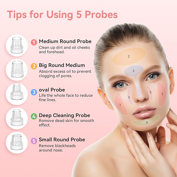 Blackhead Remover Pore Vacuum, Blackhead Vacuum, Facial Pore Cleaner with 5 Adjustable Suction Levels, 5 Probes, USB Rechargeable Pore Cleaner, Electric Comedone Whitehead Extractor Tools Kit