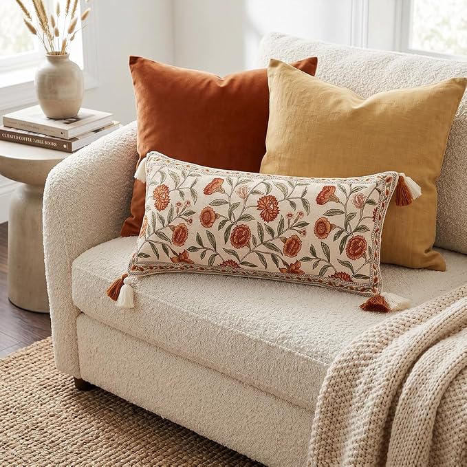 French Linen Rectangle Throw Pillow Cover,Set of 2,28"x12"-Albano A | Designer Vintage Pillow Cover,Concealed Zipper Design,Orange Floral Pattern,Sofa,Bedroom,Living Room,Lounge Chairs