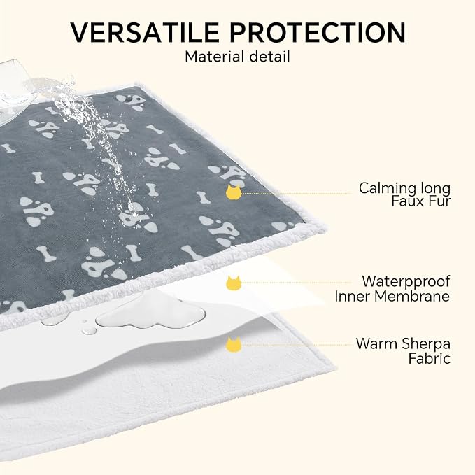 Luciphia Waterproof Dog Blanket Reversible Sherpa Fleece for Large Dogs Cat | Soft Print Pet Blanket Washable Pee Proof, Furniture Protector for Couch Sofa Bed Car, Cozy Throw(85" x 57", Grey)
