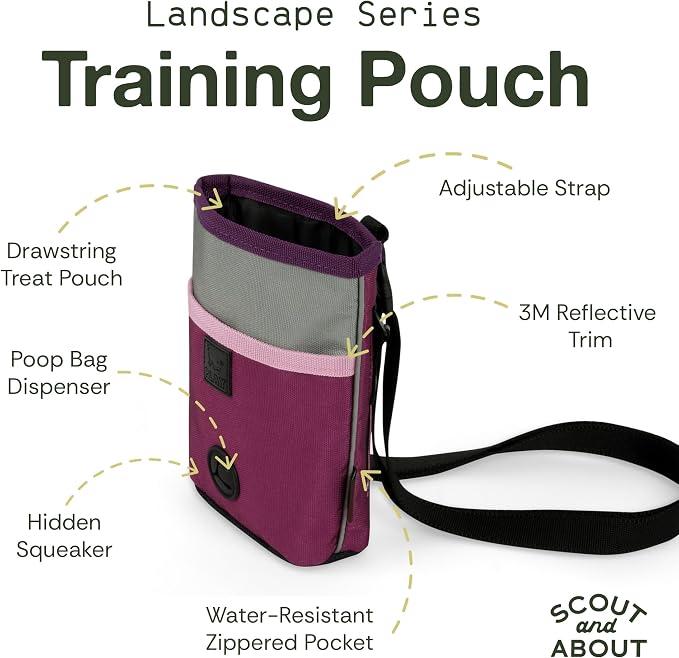P.L.A.Y. Scout & About Deluxe Training Treat Pouch with Poop Bag Dispenser - 3 Way Wear, Detachable & Adjustable Strap, Reflective Strips, Water-Resistant Back Zipper Pocket, Squeaker (Wildflower)