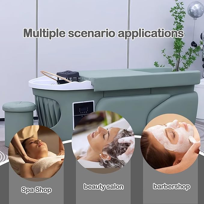 Head SPA Bed - Shampoo Bed with Sage Green Curved Sleek Style, Head SPA Equipment & Massage Table Includes Water Circulation, Ambient Light, with Stool