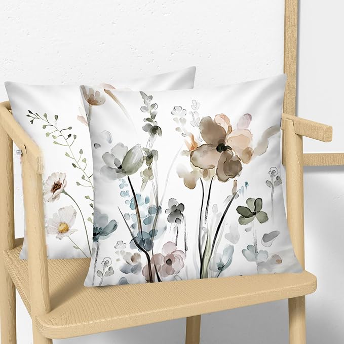 Watercolor Throw Pillow Covers 18x18 Set of 6, Botanical Floral Home Decor | Artistic floral, Standard Throw Pillow Size, Breathable Linen, Neutral flower, Couch Sofa Living Room, spring summer decor