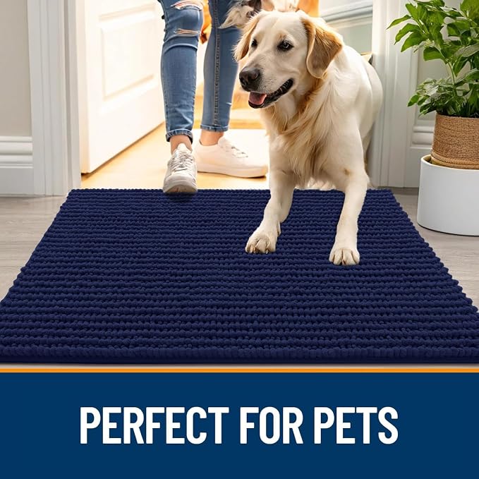 OLANLY Dog Door Mat for Muddy Paws 70x46, Extra Absorbent Chenille Mud Mat | Navy Blue, Absorbs Moisture and Dirt, Non-Slip Machine Washable Doormat, Quick-Drying Indoor Entryway Floor Mat for Dogs