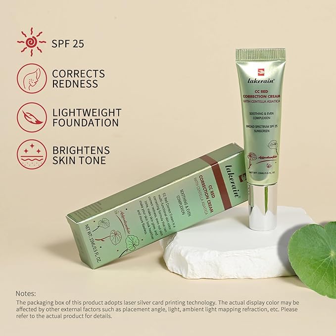 CC Cream Red Corrector with Centella,Redness Corrector for Face Blemishes,Red Skin,Acne Marks,Medium Coverage Color Correcting CC Cream,Lightweight and SPF Protection.(2pack)