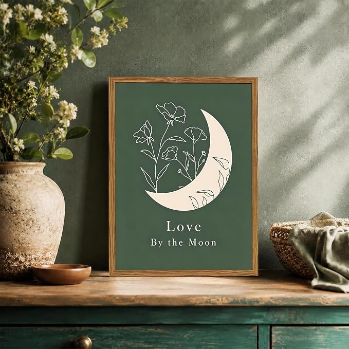 Framed Boho Sun and Moon Wall Art Set of 2, Sage Green Floral Line Pictures Wall Decor, Minimalist Quotes Paintings Mid Century Modern Canvas Prints for Living Room Bedroom Office 12x16 inch