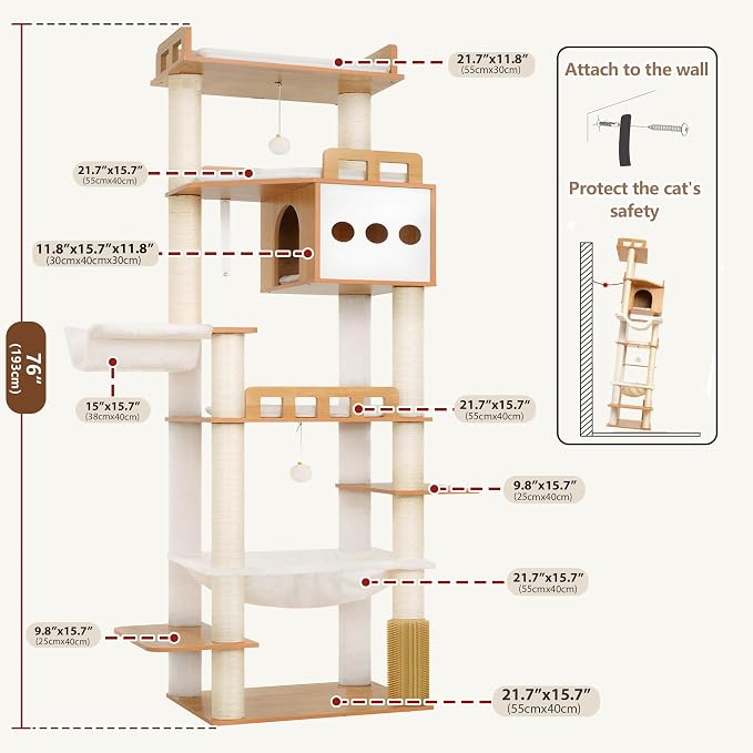 Modern Cat Tree, 76'' Tall Cat Tower - 3 Big Platform GCT103WB