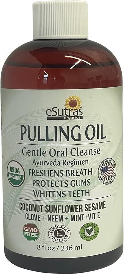 eSutras Pulling Oil Pure Herbal Mouthwash Organic Coconut Sesame Sunflower Oils + Mint Neem Clove Safely Whitens Teeth Refreshes Breath Strengthens Gums