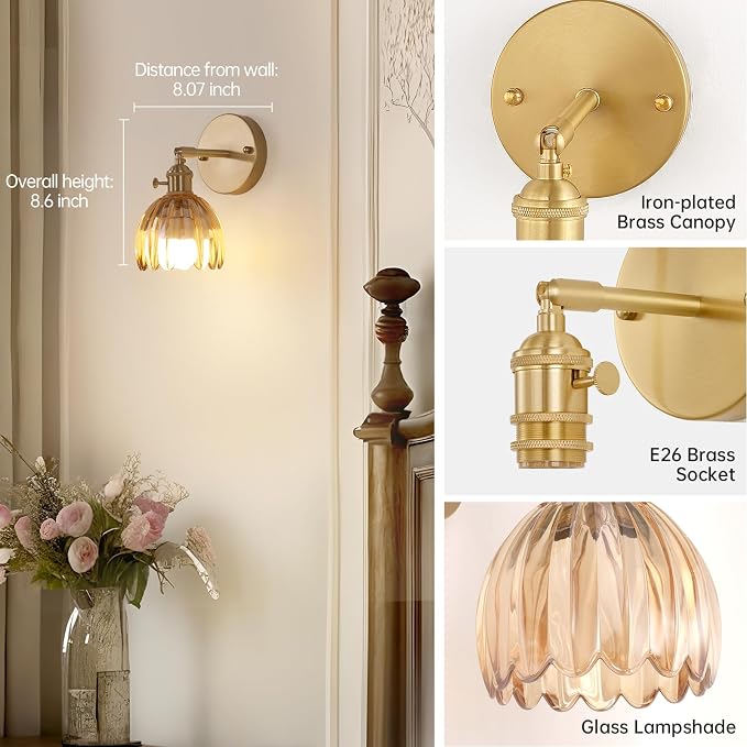 Shenmoyl Vintage Battery Operated Wall Sconce with Amber Tulip Glass Lampshade 5000 mAh Rechargeable Battery Powered Wall Light with Remote Control for Bedside Bedroom Doorway, Set of 2