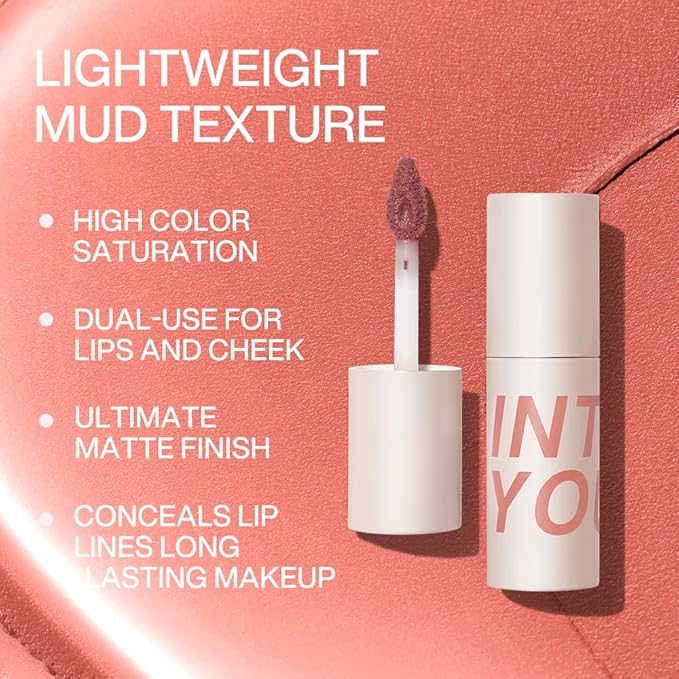 INTO YOU Velvet Matte Finish Lip Stain, Super Stay Lip Stain Long Lasting Waterproof, Lip Tint, Lip Mud Soft Lightweight, Smooth Lip Clay Mousse, Dual-Use For Lips And Cheek, Red Lipstick, W2