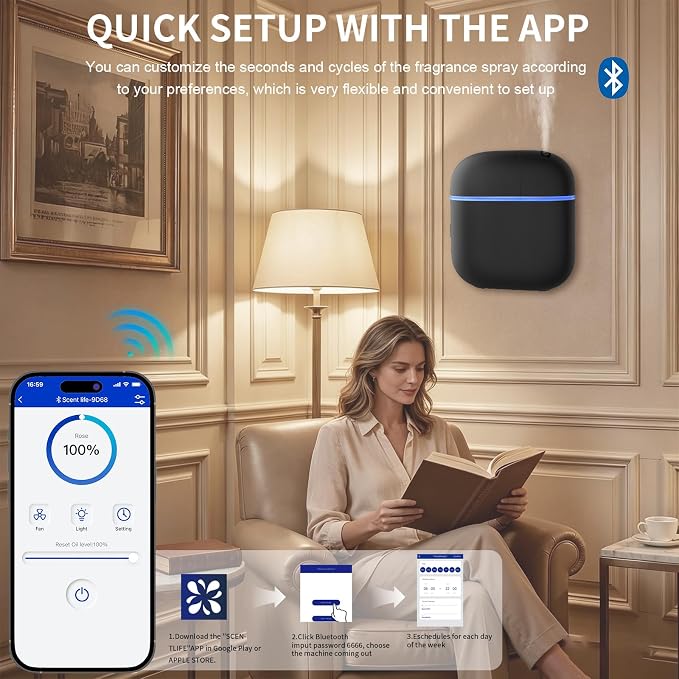 Hotel Scent Diffuser Kit for Home, Includes 2 Premium Oils, Waterless Essential Oil Aromatherapy Diffuser Cover 3500 Sq.ft. App Control,Powerful Nanotechnology System for Large Room Office Spa-Black