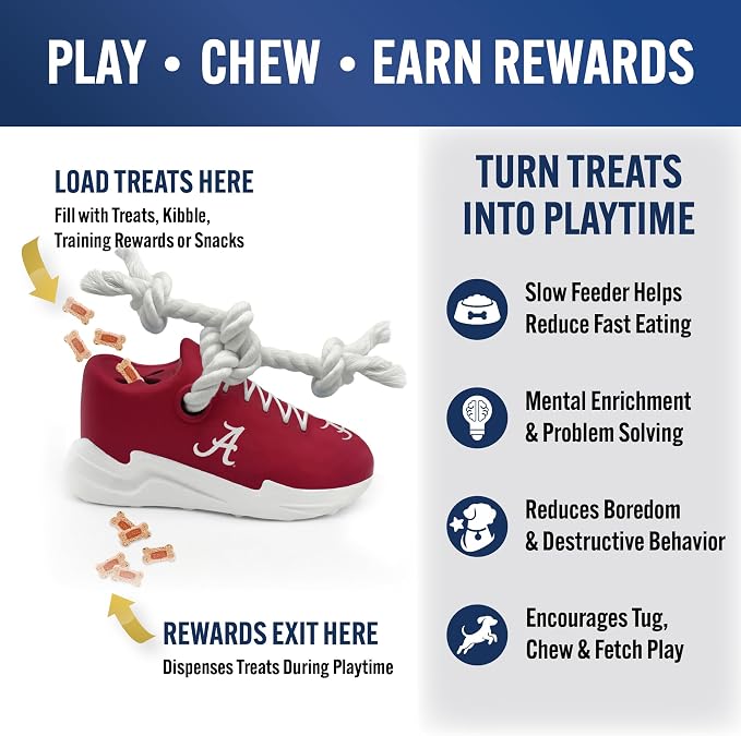 NCAA Alabama Crimson Tide Cleat Sneaker Spike Dog Toy, Treat Dispenser Chew Toy for Dogs, Interactive Rope Tug Toy, Slow Feeder Natural Rubber Dog Toy with Official Team Logo for Puppies & Adult Dogs