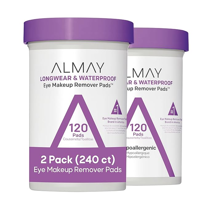 Almay Eye Makeup Remover Pads, Longwear & Waterproof, Hypoallergenic, Fragrance-Free, Ophthalmologist Tested, Stocking Stuffer for Women, 120 Count (Pack of 2)