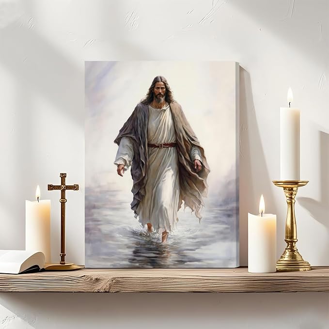 Fantasy Artists Unframed Jesus Christ Wall Art Jesus Walking On Water Canvas Wall Decor Christian Painting Prints Biblical Religious Room Decor for Church Prayer Room Christian School 16" x 24"