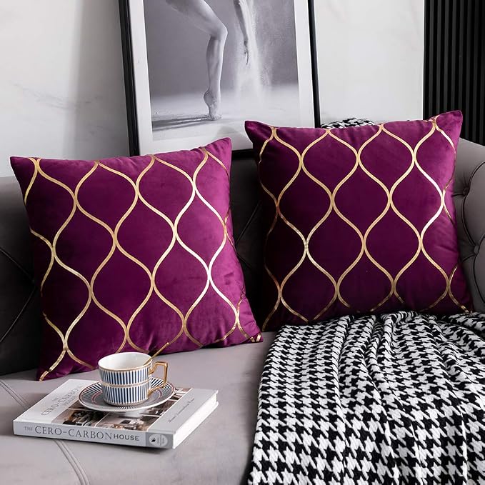Gold Velvet Throw Pillow Covers Purple: 2 Pack 18x18 Inch Square Decorative Pillow Cases for Bedroom Sofa Couch Living Room