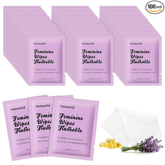 twoworld 100 Feminine Wipes Individually Wrapped,Flushable Wipes Travel | Feminine Care Vaginal Wipes for Adult,Women,Girl and Homeless(Lavender)