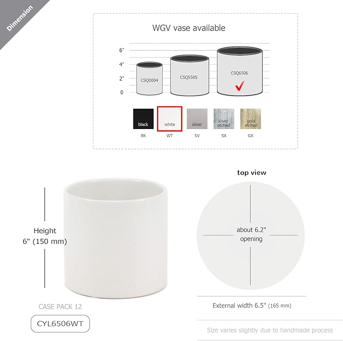 WGVI Matte White Ceramic Cylinder Vase Width 6.5" Height 6", Flower Arrangements, Candle Holder, Terrarium Planter Pot, Storage Container Organizer, Pen Brush Holder, Table top Decor, 1 Piece