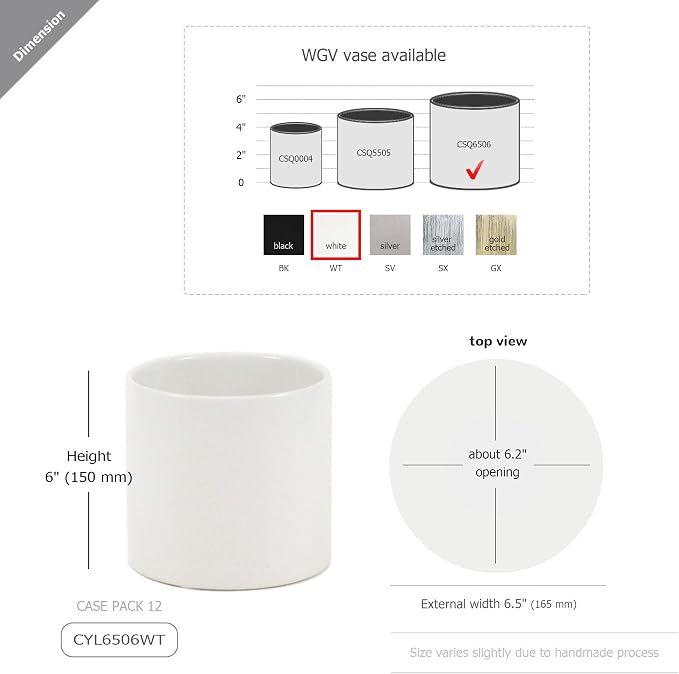 WGVI Matte White Ceramic Cylinder Vase Width 6.5" Height 6", Flower Arrangements, Candle Holder, Terrarium Planter Pot, Storage Container Organizer, Pen Brush Holder, Modern Table top Decor, 6 Pc