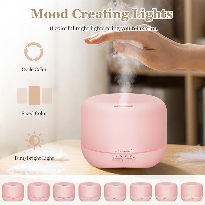 Aromatherapy Essential Oil Diffuser for Room: 500ml Colorful Aroma Air Humidifier with Adjustable Cool Mist Mode, Auto Off Ultrasonic Diffusers for Large Room Home Office(Pink)