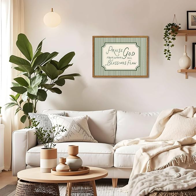 Framed Christian Scripture Wall Art, Bible Verse Pictures Wall Decor, Sage Green Striped Praise God From Whom All Blessings Flow Paintings Canvas Prints Religious Home Decor for Living Room 16x24 inch