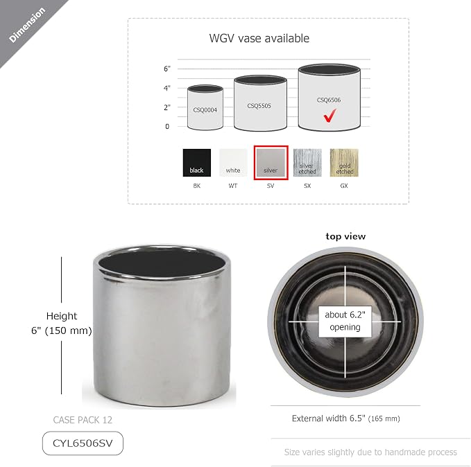 WGVI Silver Ceramic Cylinder Vase Width 6.5" Height 6", Flower Arrangements, Candle Holder, Terrarium Planter Pot, Storage Container Organizer, Pen Brush Holder, Smooth Silver Tabletop Decor, 1 Pc