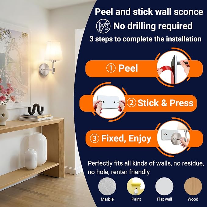 YHCDLAMP Peel and Stick Wall Sconces, No Drilling Stick On Wall Sconce, Wireless Battery Operated Wall Lights, Adhesive Wall Lamp with 10000mAh Battery Bulb for Bedroom Living Room Decor