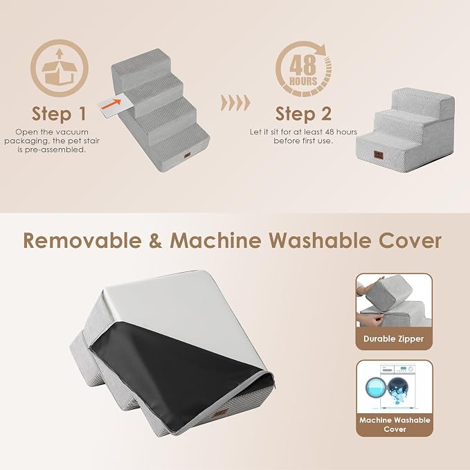 EHEYCIGA Dog Stairs for Small Dogs 13.5" H, 3-Step Dog Steps for Cats, Light Grey