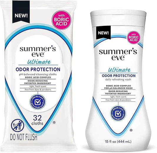 Bundle of Summer's Eve Ultimate Odor Protection Daily Feminine Wash, 15 Fl Oz + Daily Feminine Wipes, Resealable Pack, 32 Body Wipes