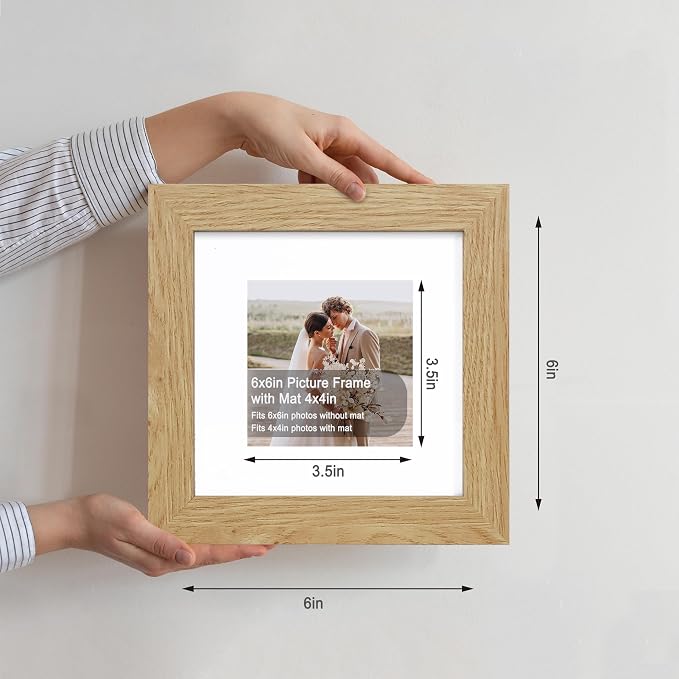Hongkee 6x6 Picture Frame Set of 4, Made of Glass and Natural Oak Wooden Frame - Display Picture 4x4 with Mat or 6 x 6 Without Mat, 6x6 Photo for Wall or Tabletop