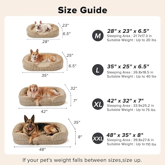 MIXJOY Orthopedic Dog Beds Large Sized Dog,Extra Large Washable Dog Bed Waterproof Oval Dogs Bed with Removable Cover,Egg-Crate Foam Big Pet Bed Couch with Bolster,Non-Slip Bottom,XL 42"X32",Brown