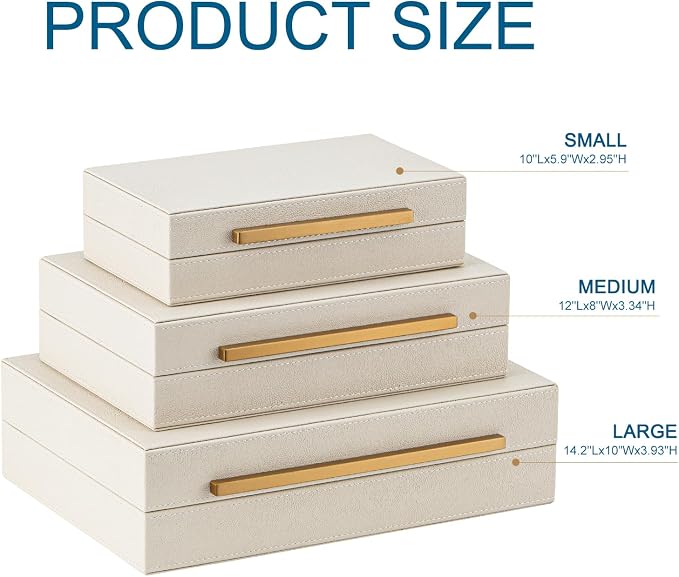 XIGEXIGE Faux Leather Large Modern Stackable Nesting Jewelry Box with Lids Organizer – Set of 3 Beige Shagreen Decorative Storage Boxes with Gold Metal Handles