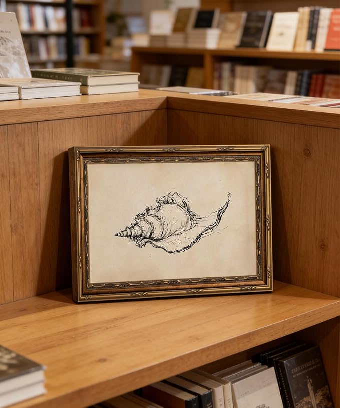Gold Framed Wall Art Vintage Seashell Sketch Wall Art Summer Rustic Neutral Ocean Conch Wall Decor Coastal Beach House Poster Print for Living Room Bathroom Bedroom 9x11in