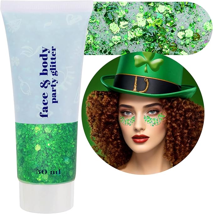 Green Body Glitter Gel,Festival Rave St Patricks Day Accessories Face Glitter for Face Body Hair,Alien Paint for Women Chunky Glitter Gel,Holographic Sequins for Carnival
