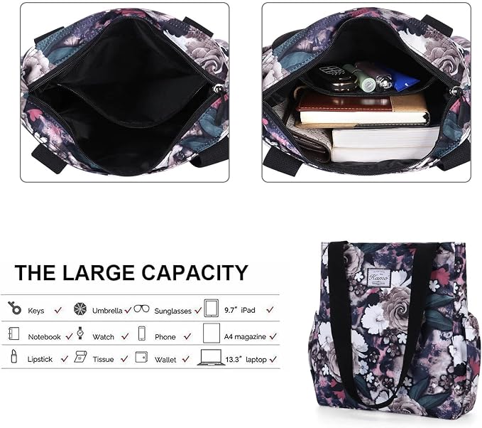 KAMO Floral Tote Bag - Waterproof Lightweight Handbags Travel Shoulder Bag for Hiking Yoga Gym Swimming Travel Beach