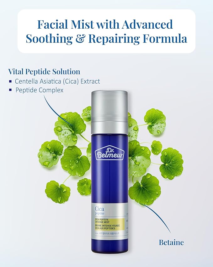 DR. BELMEUR Advanced CICA Intense Mist for Sensitive Skin (4.1fl oz) - Ultra Fine Mist for Soothe, Hydrate. Korean Skin Care. Centella Asiatica, Betaine.