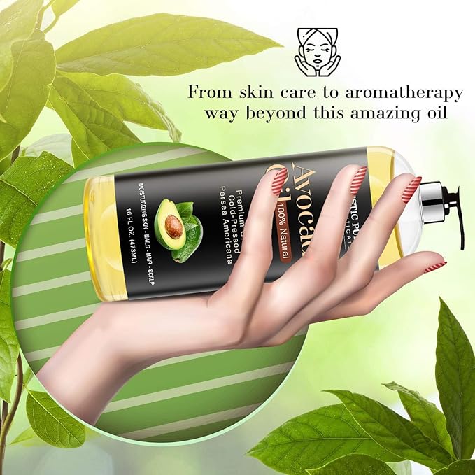 Majestic Pure Avocado Oil - 100% Pure & Natural - Premium Grade, Cold-Pressed, Hexane-Free Carrier Oil for Skin, Hair and Body - Moisturizing Skin, Hair and Scalp - 16 Fl Oz